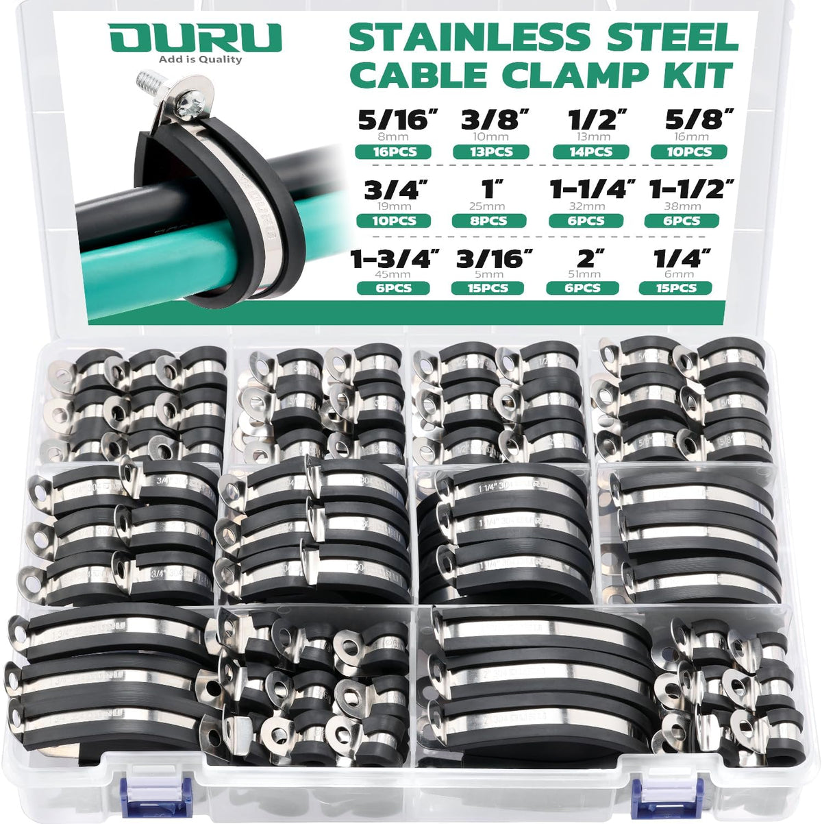OURU 125PCS Cable Clamps Assortment Kit,Rubber Coated, 1/4"-2" 12 S...