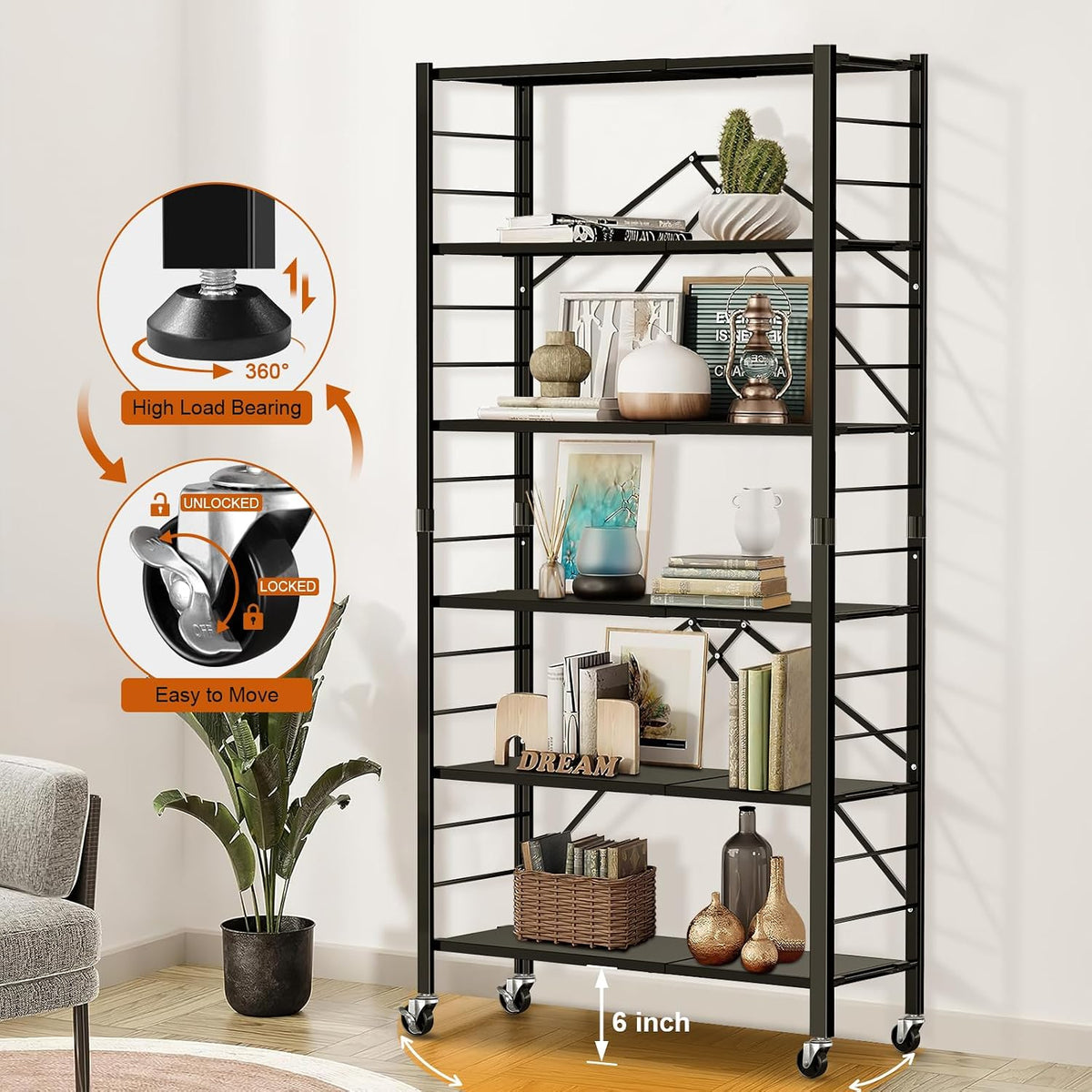 himix 6-tier foldable storage shelves with wheels adjustable on a desk or shelf