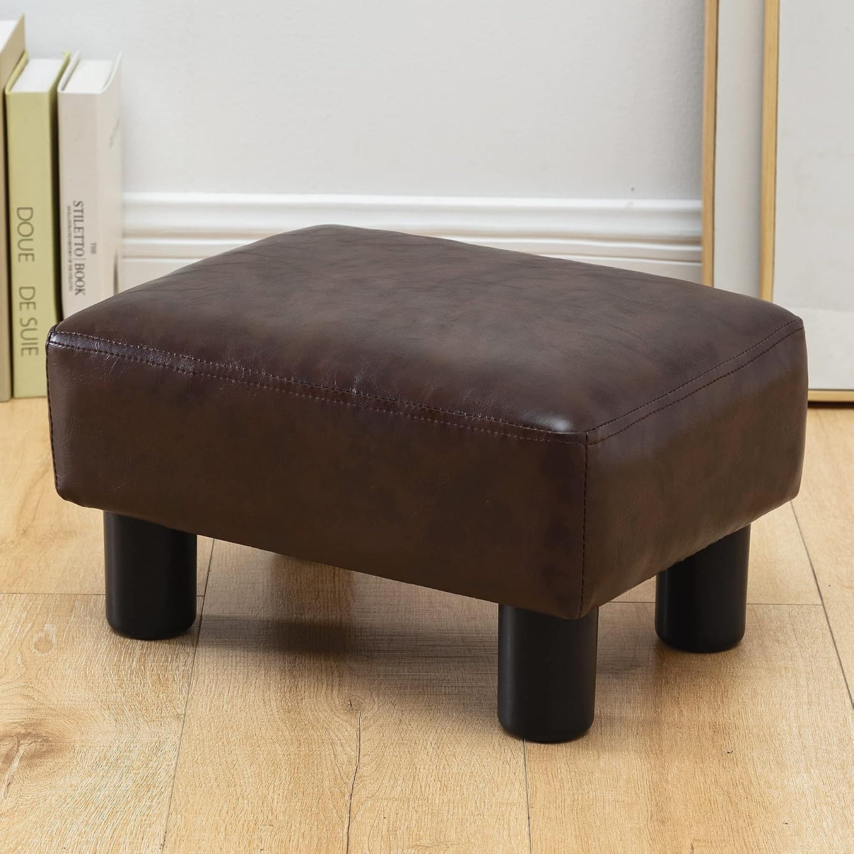 LUE BONA Small Rectangle Foot Stool, PU Leather Fabric Footrest Ottoman with ...