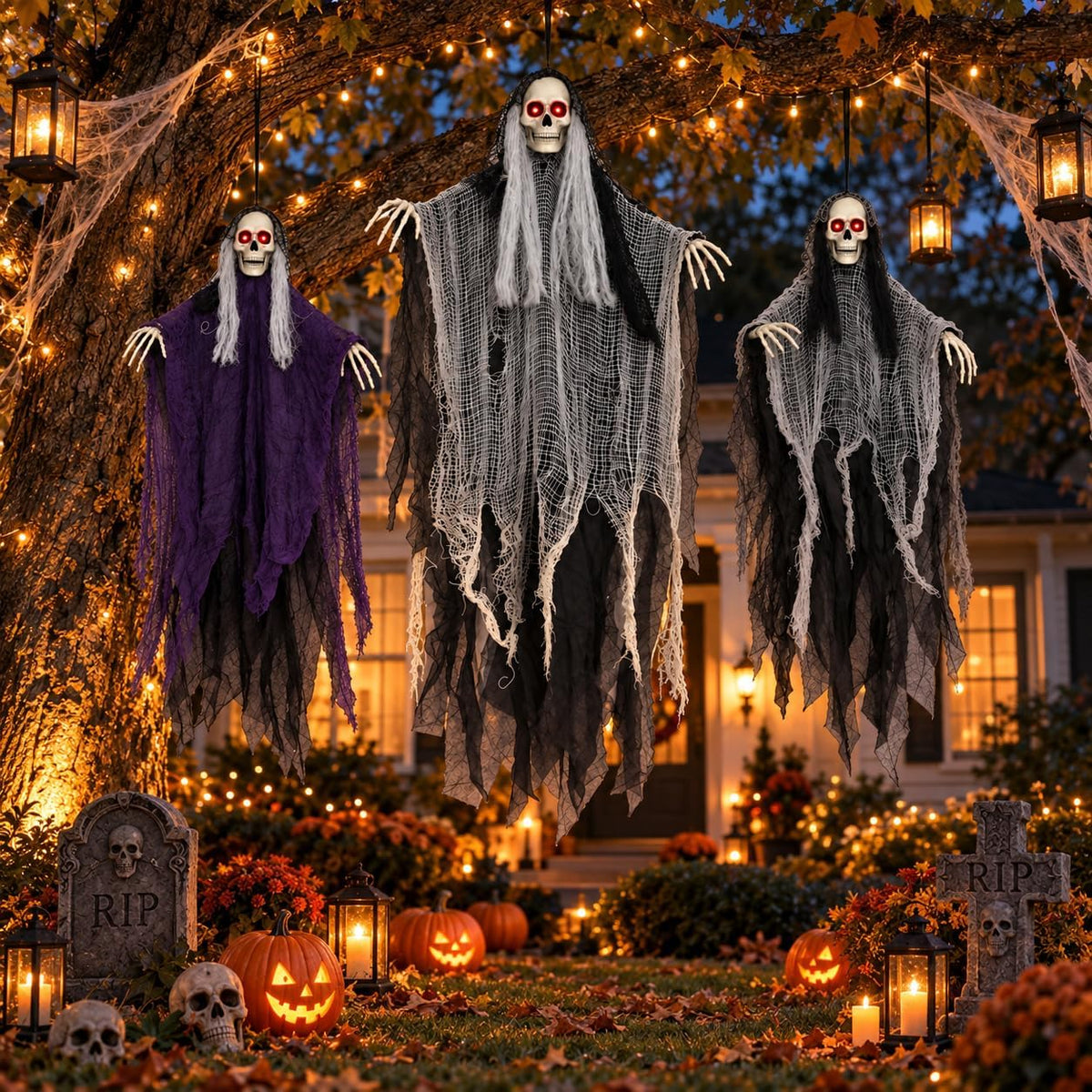 Halloween Decorations Outdoor, 3 Pack Glowing Eyes Hanging Skeleton Ghosts