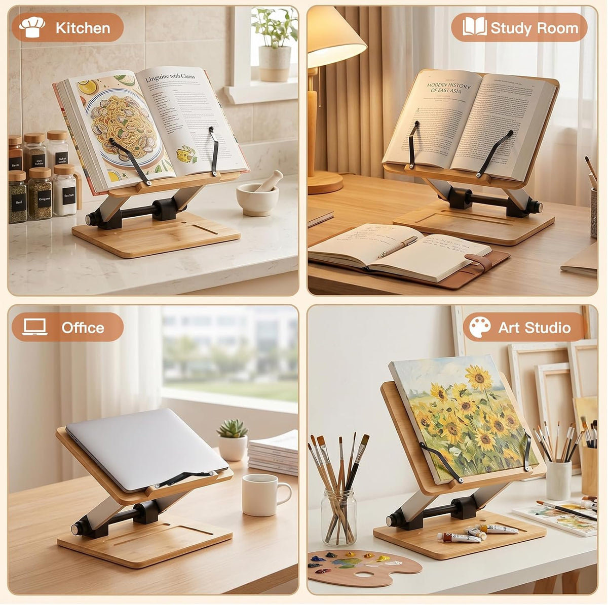 Bamboo Adjustable Book Stand, Foldable Cookbook Holder (Natural Bamboo)
