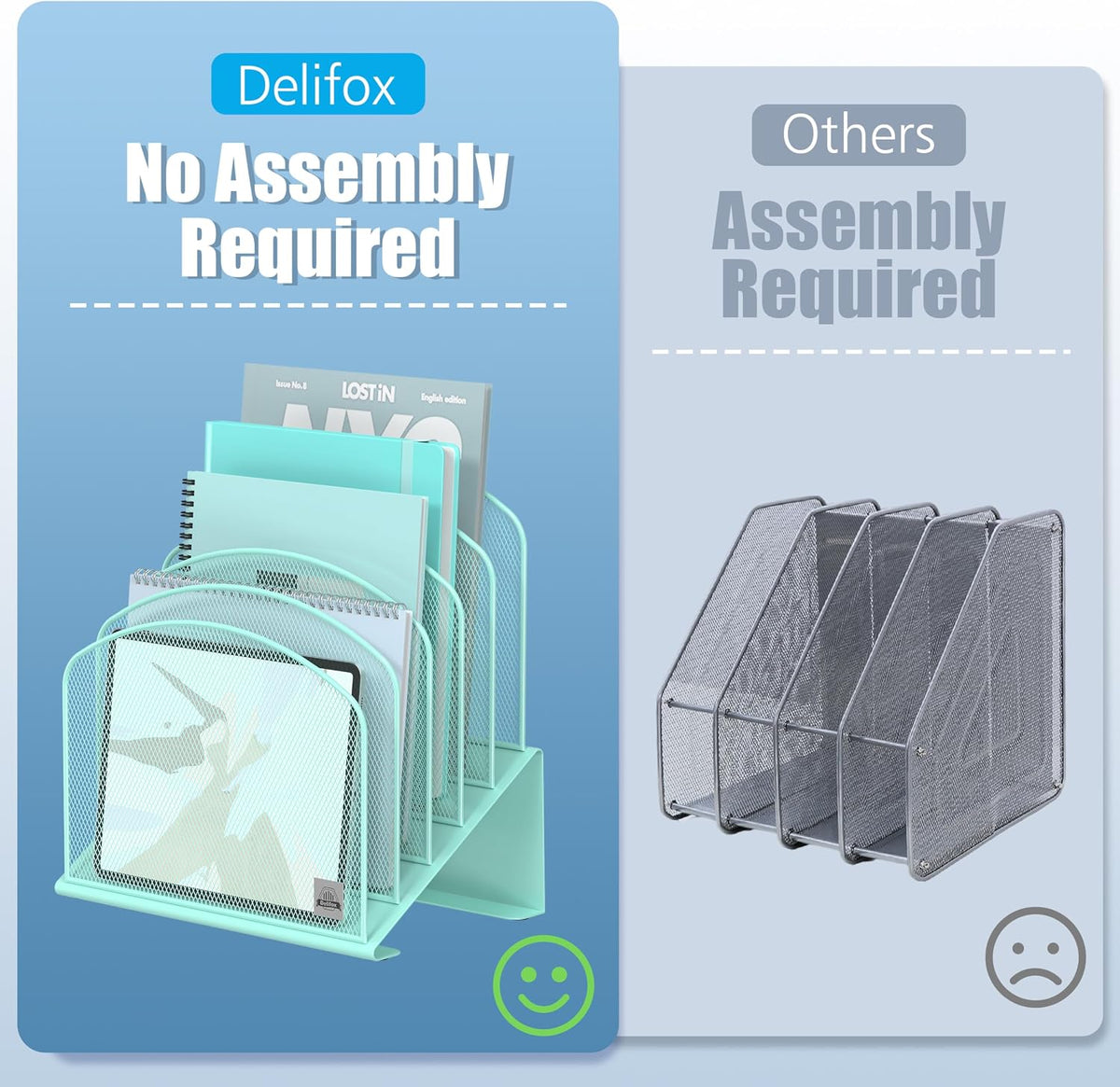 Delifox Inclined Desk File Organizer, Vertical File Folder Holder Stand