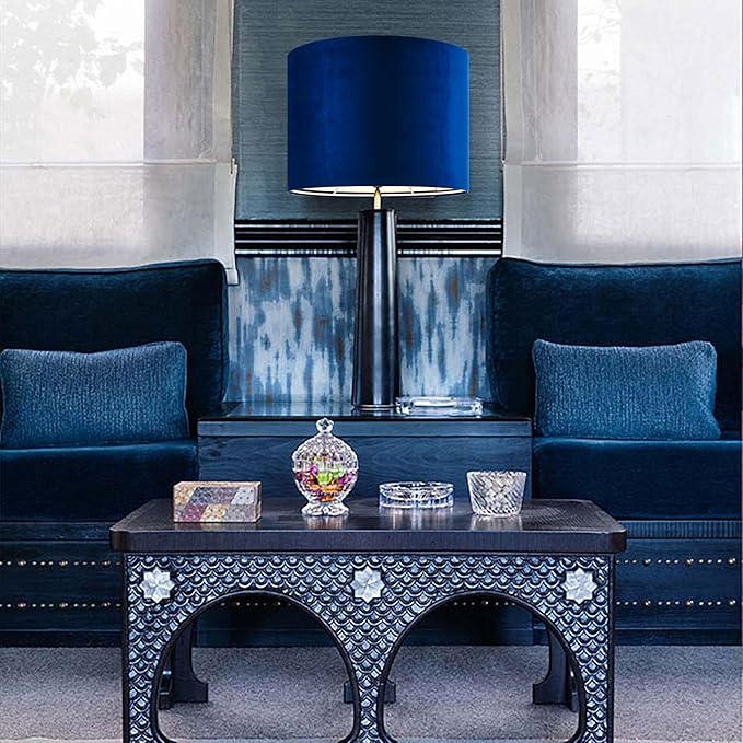 GO&SO Large Drum Lamp Shades Set of 2 Blue Velvet Lampshade - Image 7