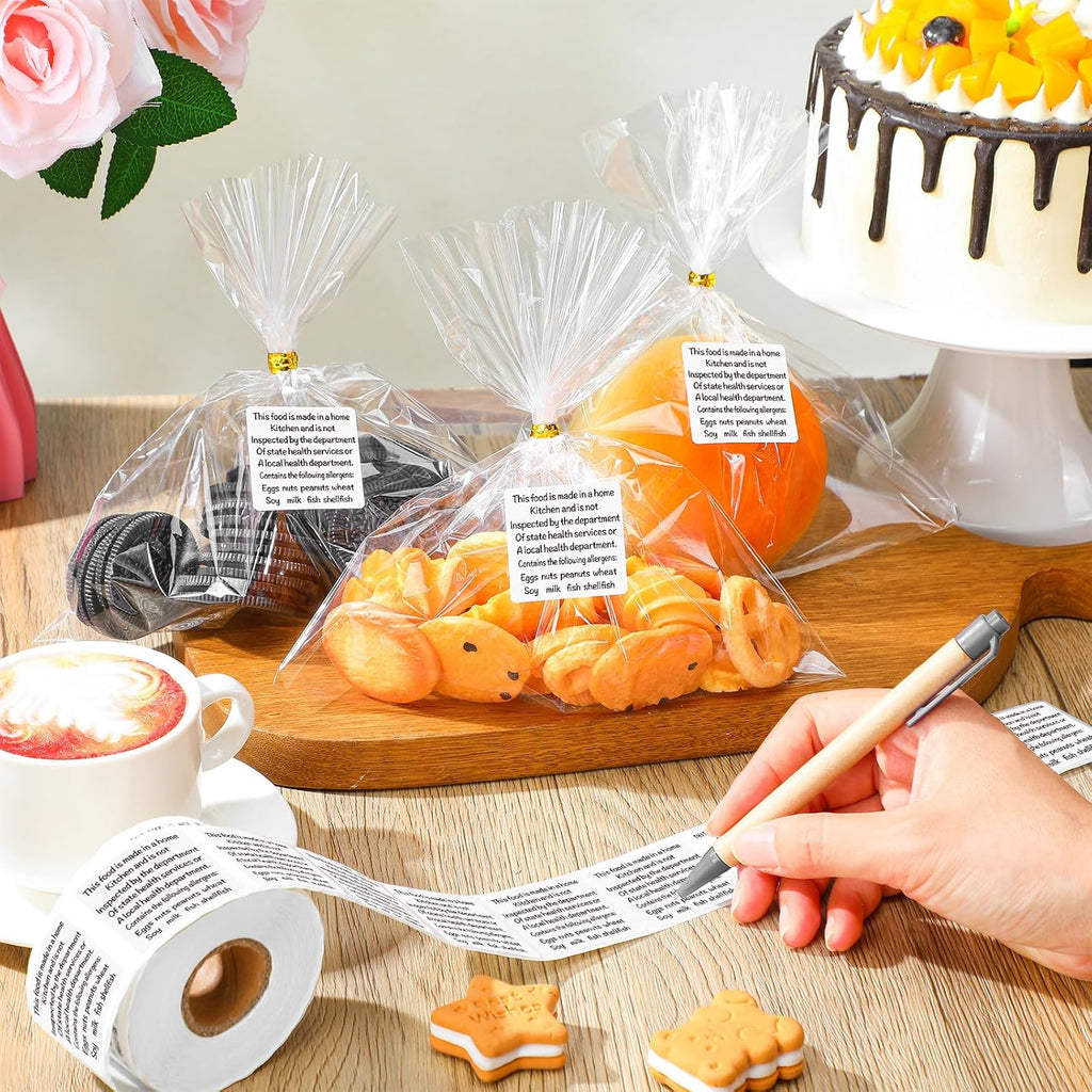 500 White 1.5" Cottage Food Allergy Warning Homemade Stickers | Square Bakery Labels For Baked Goods, Thermal Made In A Home Kitchen Sticker, Sourdough Bread Cookie Ingredient Sticker