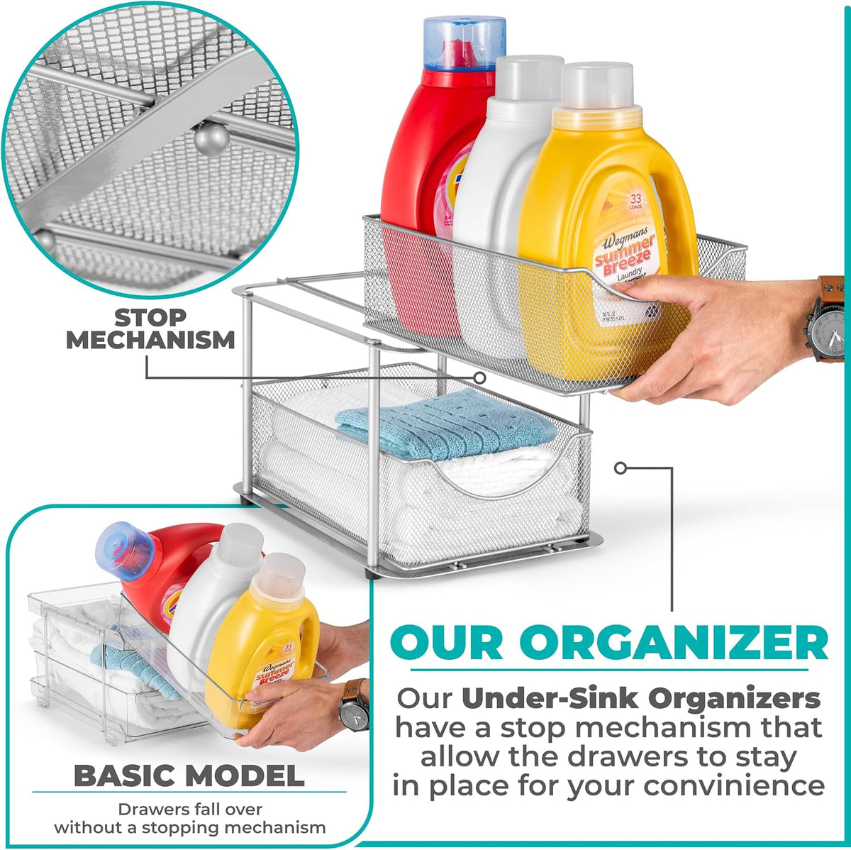 Sorbus Pull-Out Under Sink Organizer, Mesh Construction (Silver, 2 Pack)
