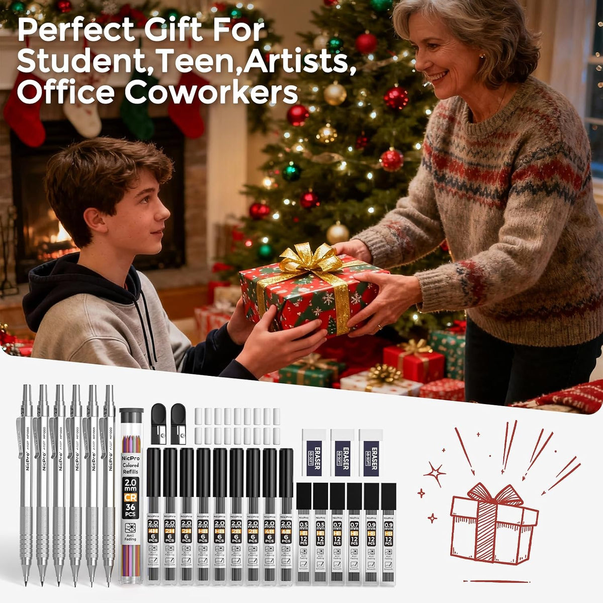 nicpro 30pcs silver metal mechanical pencils set in, side view