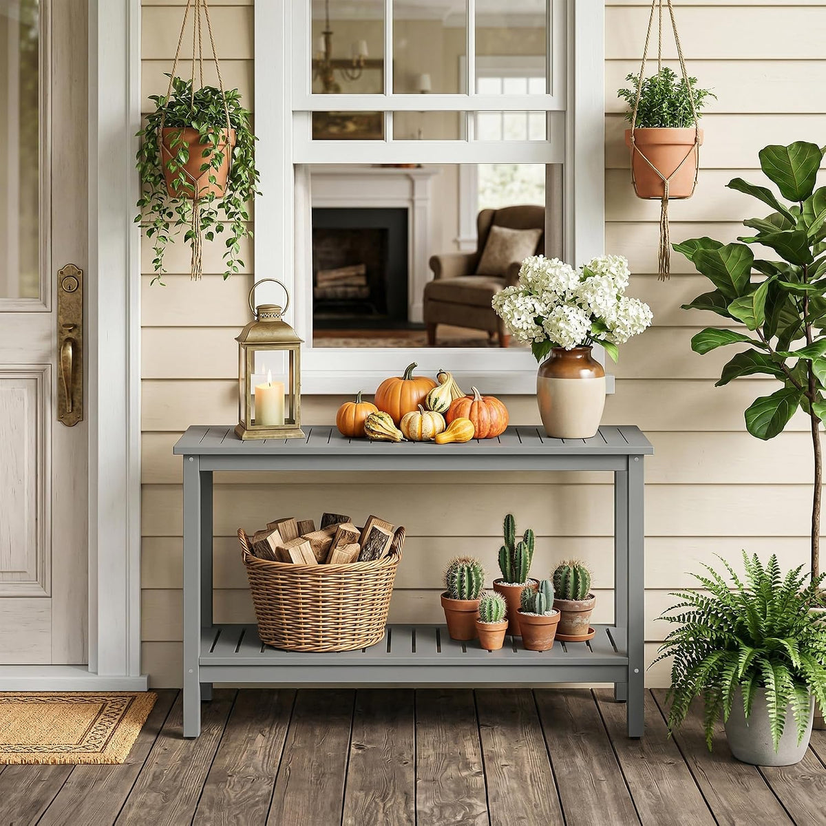 SUPER DEAL 48 inch Outdoor Console Table, 2-Tier Solid Wood Side Table Multif...