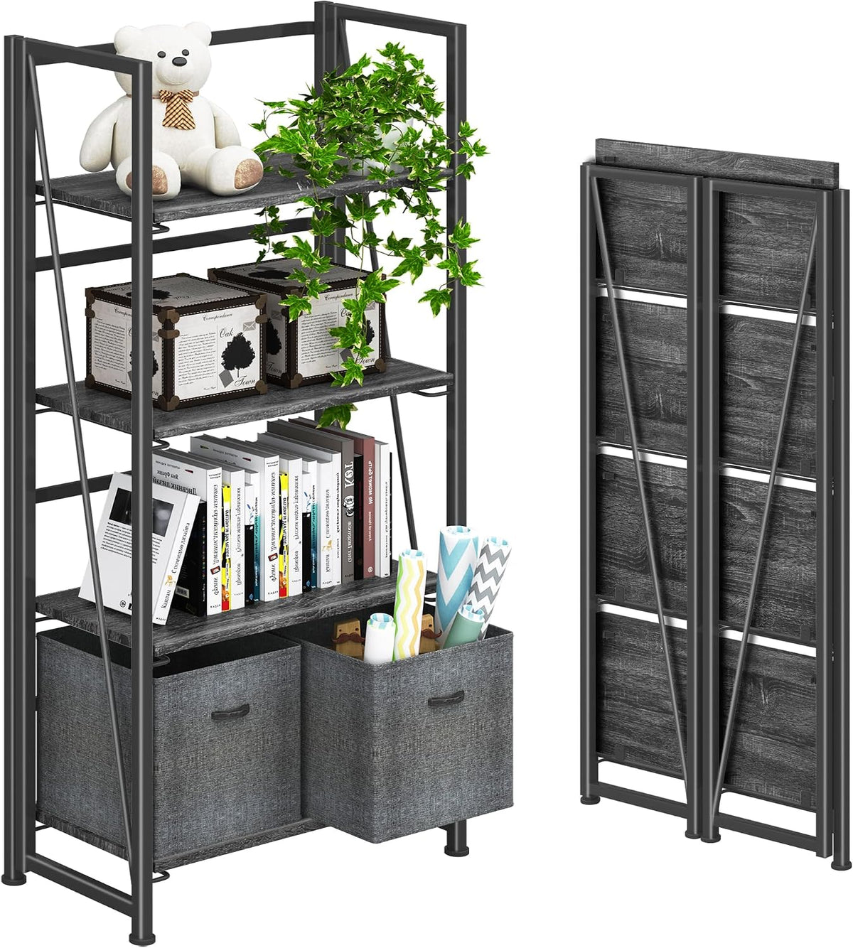 4NM No Assembly Folding Bookshelf Storage Shelves 4 Tiers Vintage Bookcase