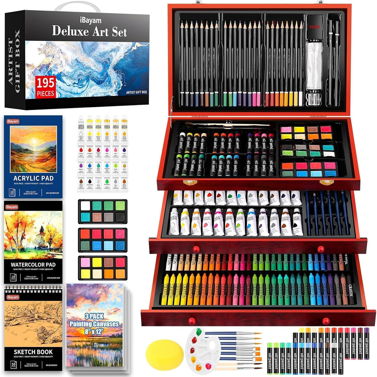 ibayam art supplies, 195-pack deluxe drawing painting kit, main product view