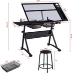 Yaheetech Adjustable Drafting Table & Stool, Tilting Glass Art Desk, Black | Tempered glass top tilts 0-40 degrees for drawing or tracing on a sturdy iron frame, with 2 mesh drawers for craft supplies.
