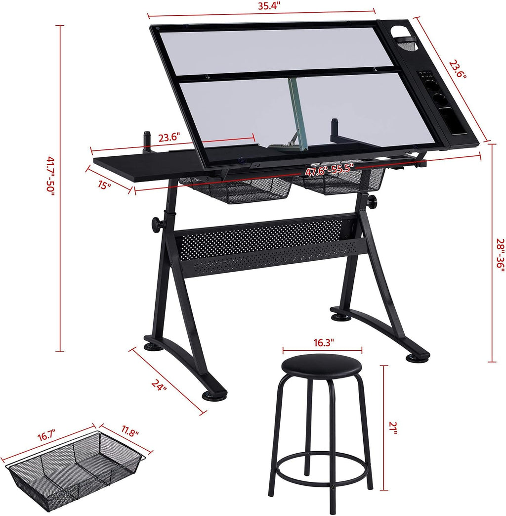Yaheetech Drawing Table, Art Craft Desk with Adjustable Tabletop, Painters/Artist Work Station, Study Table with Stool, Tempered Glass Top