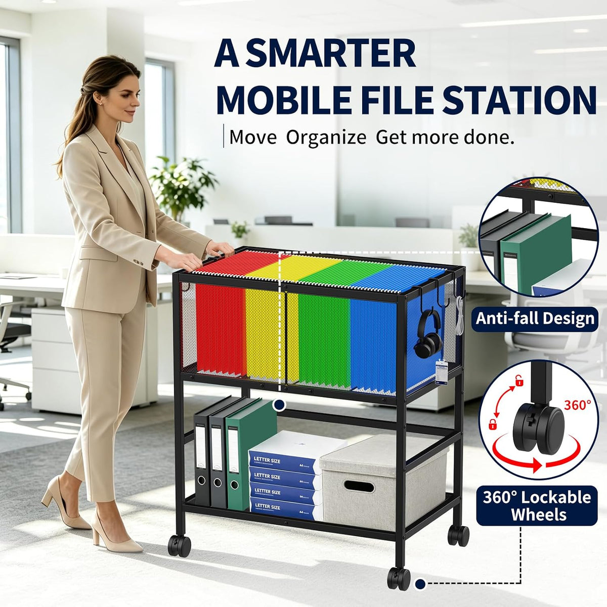 Rolling File Cart, Mobile File Cabinet with 360° Wheels for Home Office