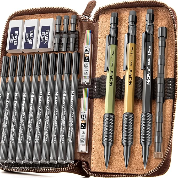 Nicpro 21PCS 1.3 mm Mechanical Pencil Set in Leather Bag by Nicpro