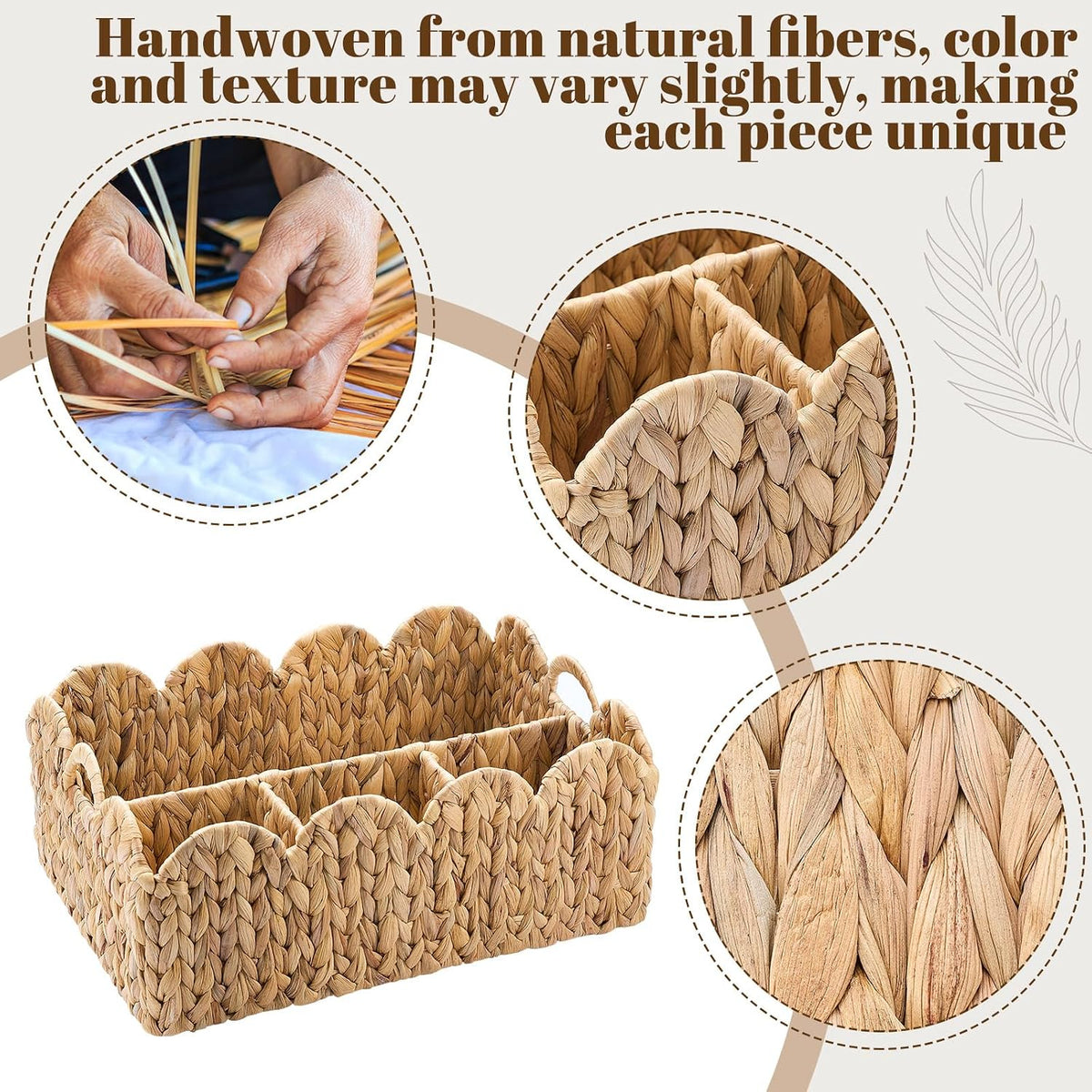 Scalloped Wicker Basket, 4-Section, Natural, Water Hyacinth
