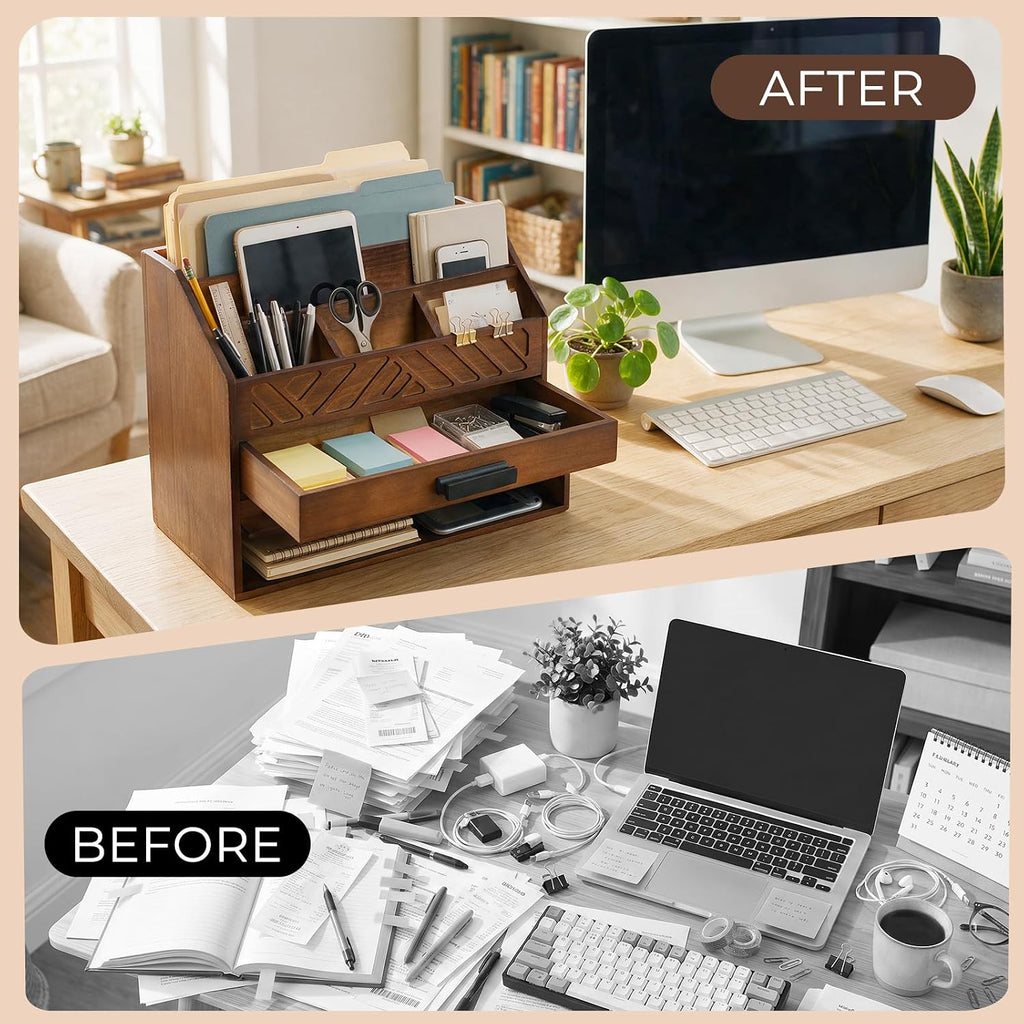 wooden desk organizer with 7 compartments and drawer, side view