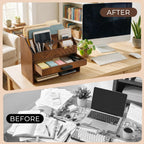 wooden desk organizer with 7 compartments and drawer, side view