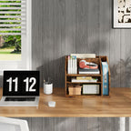 choezon wooden desk organizer with adjustable partitions, rustic, front angle view