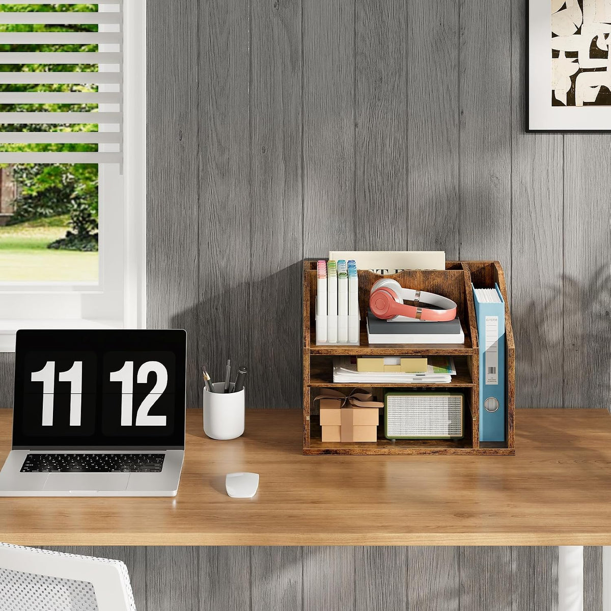 choezon wooden desk organizer with adjustable partitions, rustic, front angle view