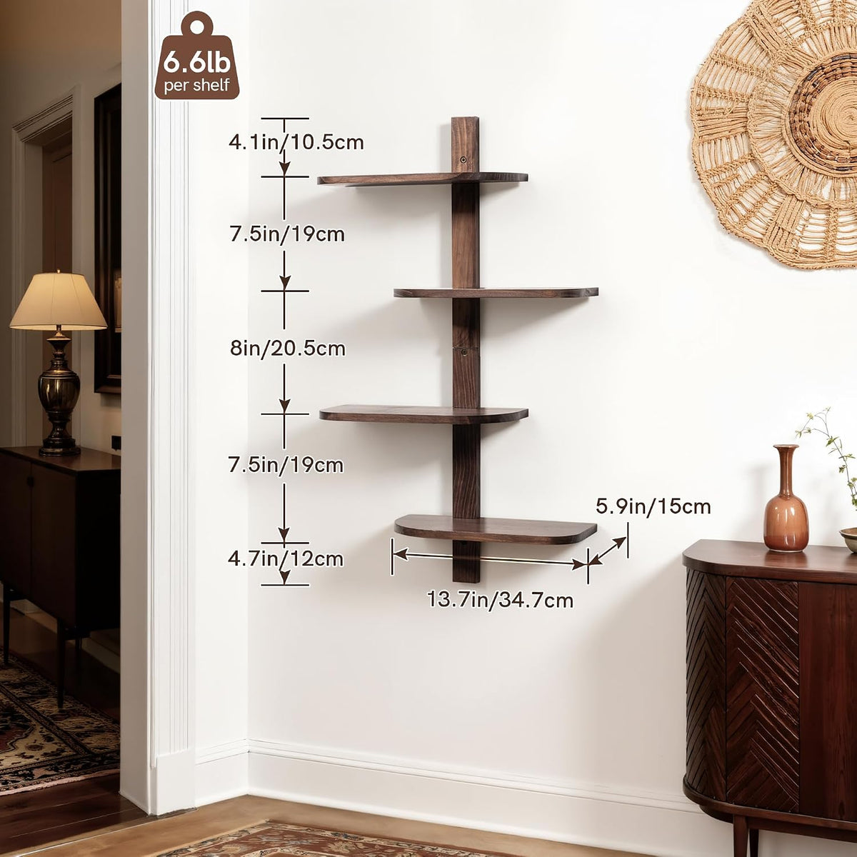 Afuly Walnut Floating Shelves for Wall, Mid Century Modern Decor Shelf Unit
