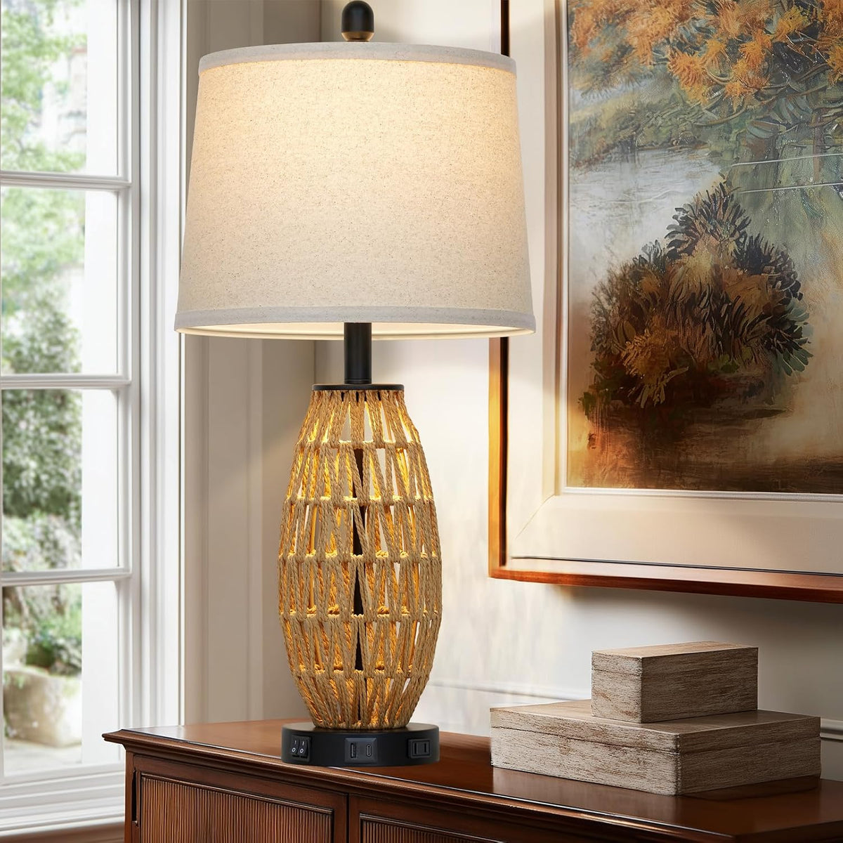 27" Boho Rattan Table Lamp Single, Wicker Bedroom Lamp with Night Light,...