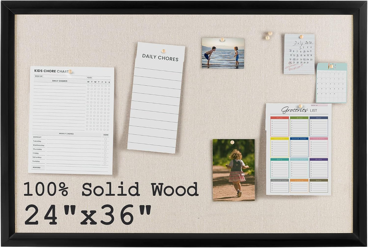 Bulletin Board Cork Board with Linen, 100% Wood Framed 24" x 36" Bu...