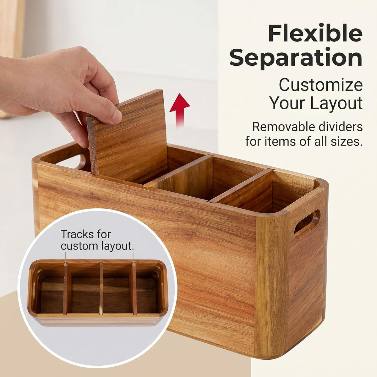 FUSHITON Extra Large Acacia Wood Utensil Caddy, 4 Compartment Rustic Countert...
