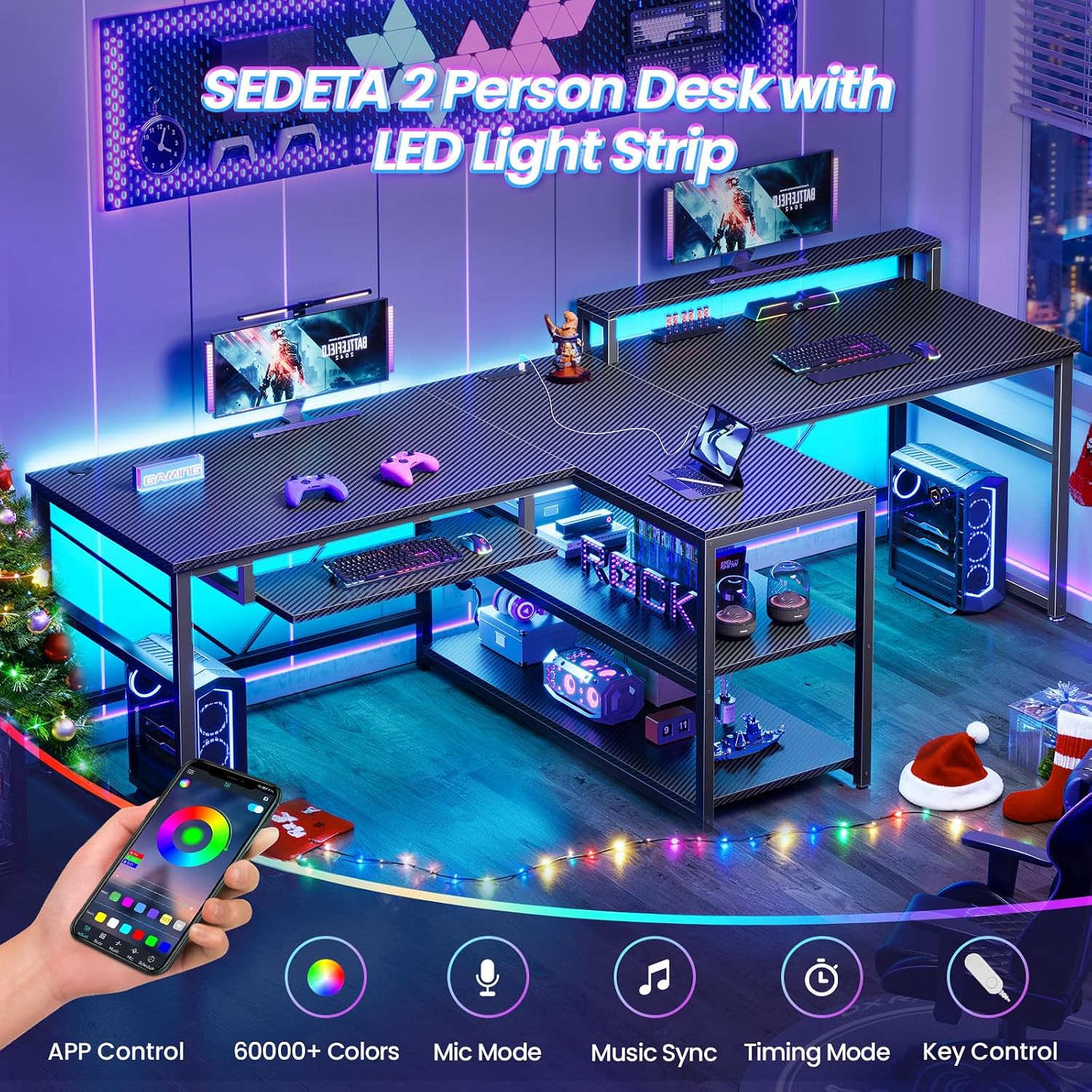 SEDETA 94.5" 2 Person Gaming Desk with Storage Shelves,Carbon Fiber Black | Double T Shaped Office Desk with Keyboard Tray, Power Strip with USB & Monitor Stand for Home Office, Bedroom