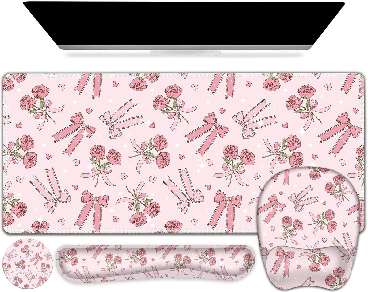 Pink Mouse Pad with Wrist Support 4 in1 Set, XXL Big Game Mousepad + Keyboard...