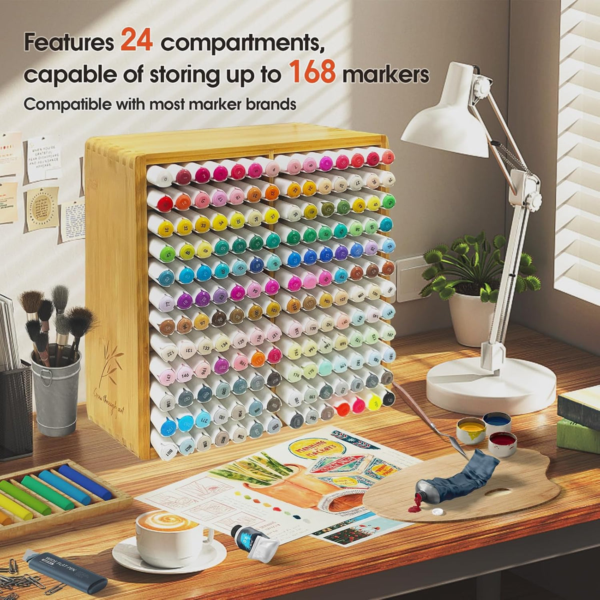 Marker Organizer for 168 Markers,Bamboo Wooden Desk Storage Organizer Rack,Ma...