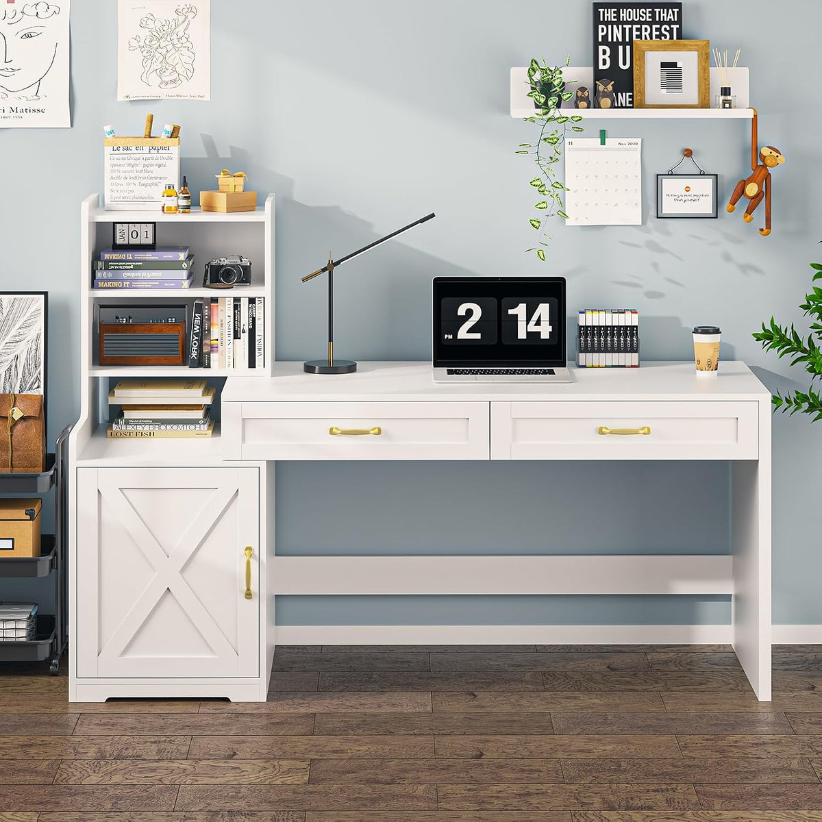 60" White Computer Desk with Drawers & Bookshelves for Bedroom, Home...