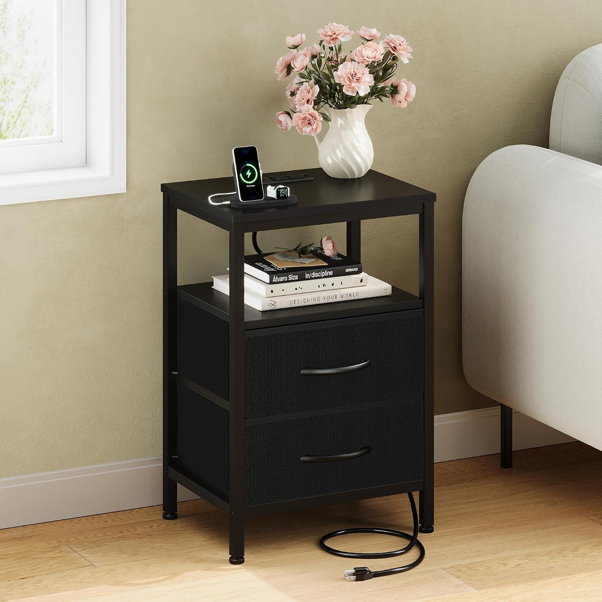 DUMOS Night Stand Set 2 with Charging Station, End Table with Fabric Drawer
