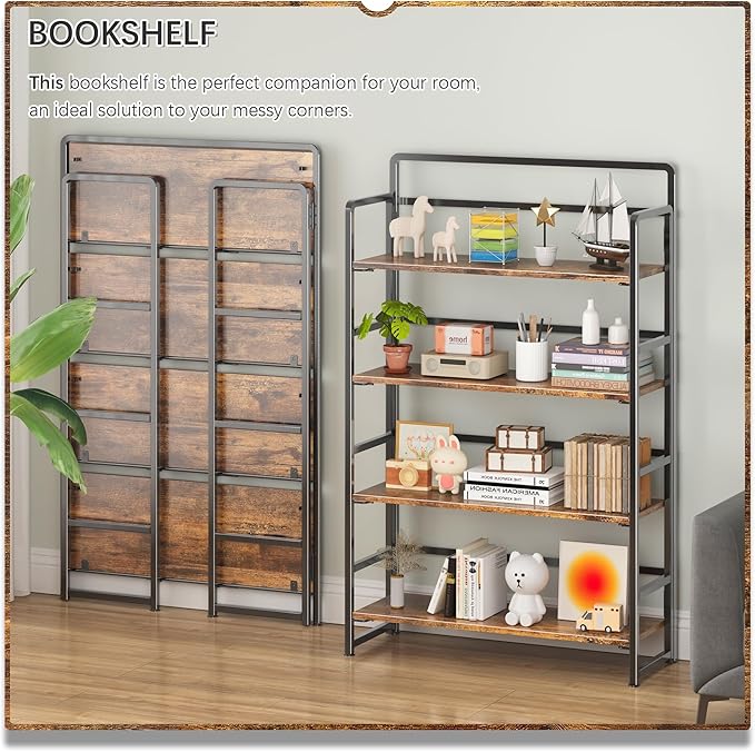 4NM No Assembly Extra Wide 4 Tiers Folding Bookshelf Storage Shelves Vintage - Image 3