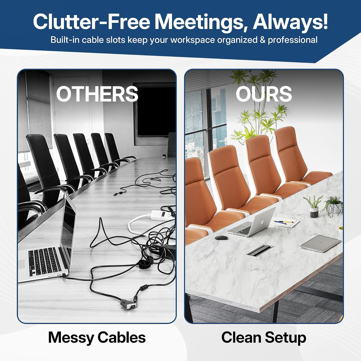12FT Conference Table with Cable Management Grommets — Modern Rectangle Offic...