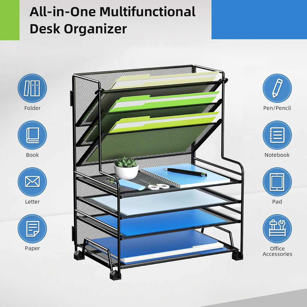 MINDEPOT 4-Tier Paper Organizer + 3-Pocket File Holder + Drawer + Pen Holders...
