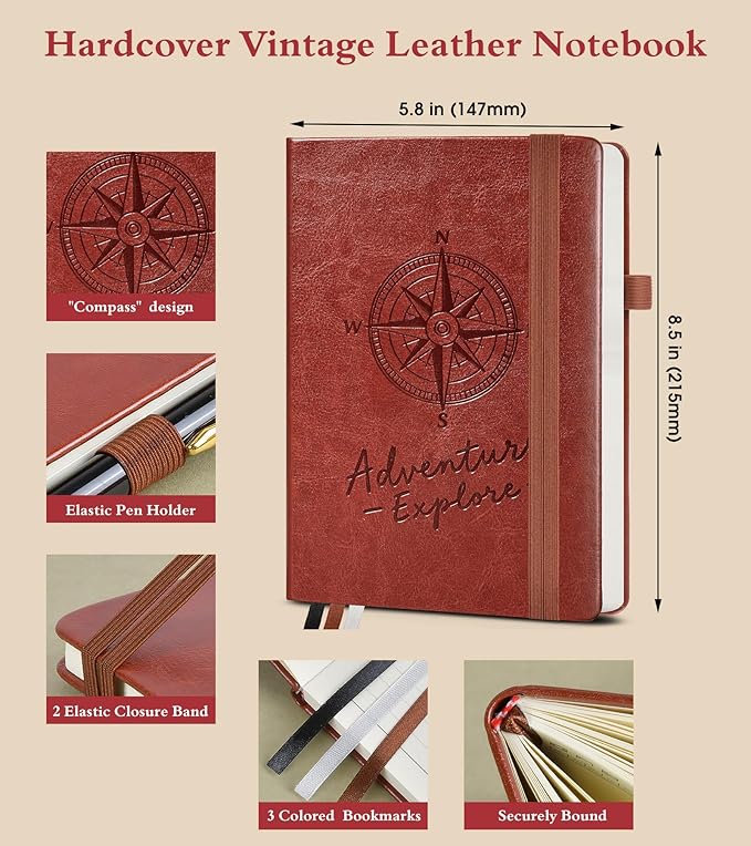 PAIBAS Lined Journal Notebook for Women Men, 160 Pages, A5 Hardcover Vintage - Image 2