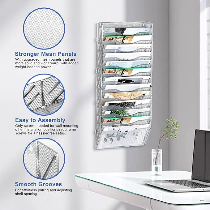 EasyPAG Wall File Organizer for Office 14 Pocket Mesh Wall Mounted Paper - Image 3