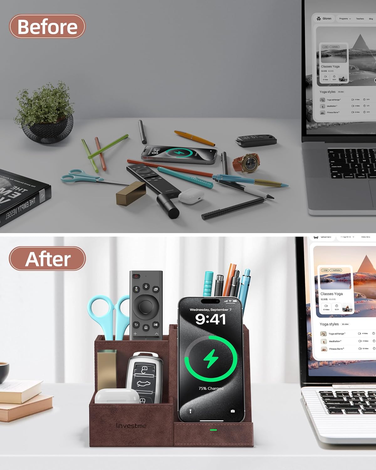 Wireless Charger with Desk Organizer, 3 Compartments and 1 Phone Stand