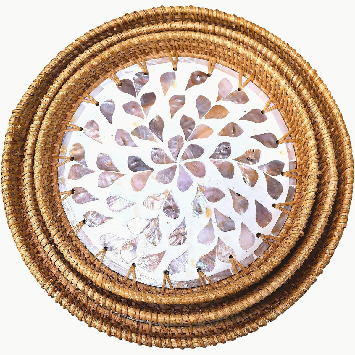 i-lan Set of 3 Round Rattan & Mother of Pearl Trays, Pearlescent Florals