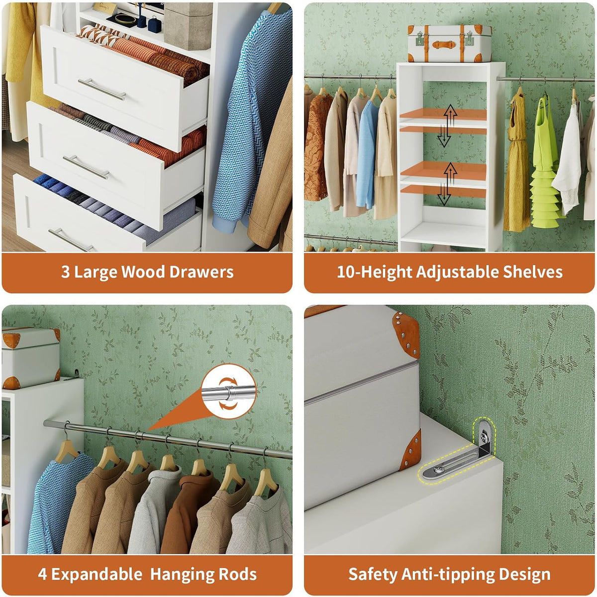 Fastgo Closet System with Drawers, 5-9FT Closet Organizer System with 4 Expan...