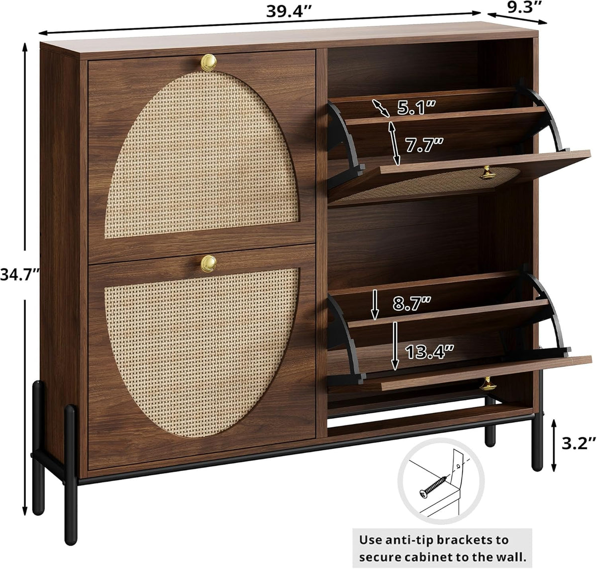 IRONCK Rattan Shoe Cabinet Storage with 4 Flip Drawers, Walnut