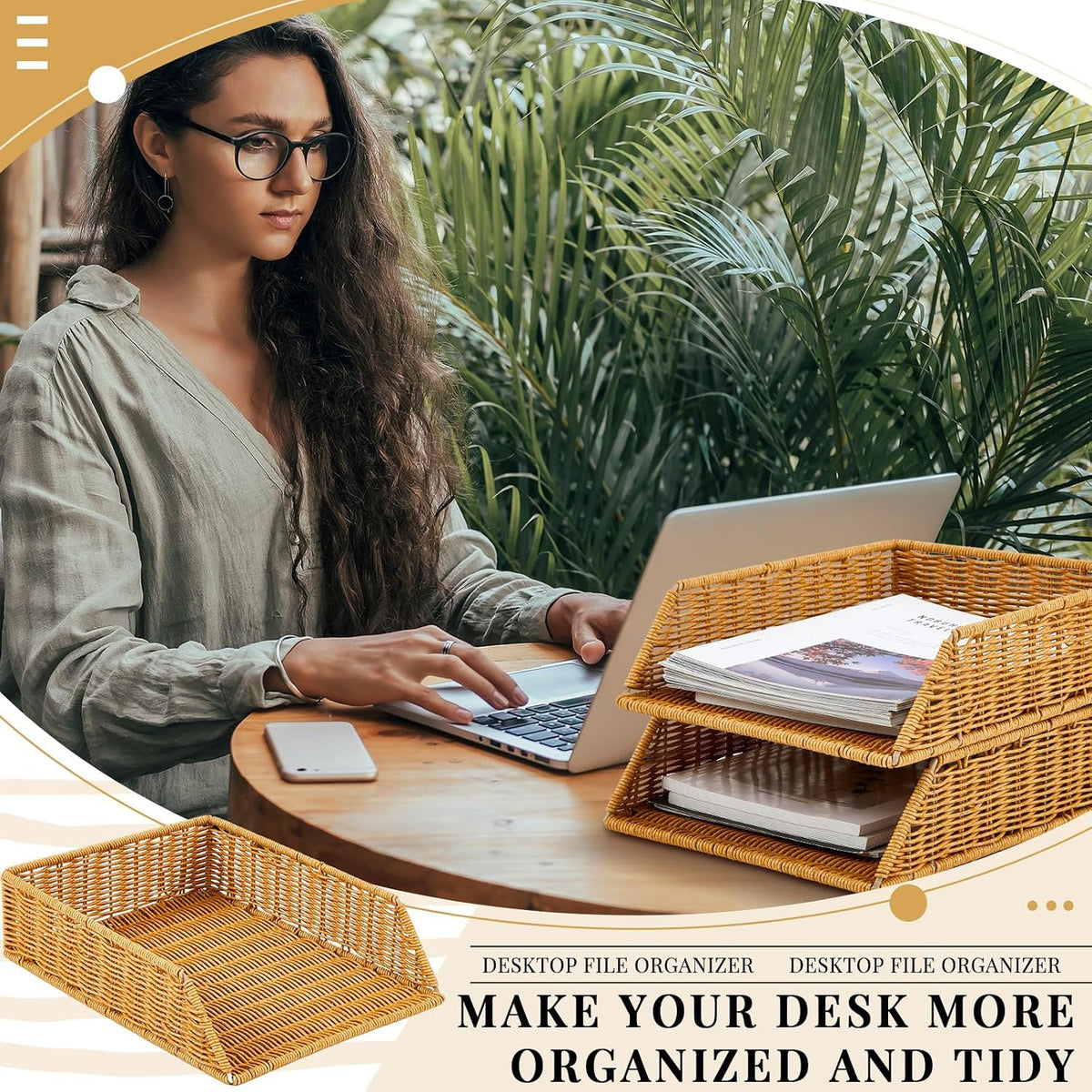 Yeaqee 2 Pcs Paper Tray Organizer for Desk Woven Letter A4 File Organizer