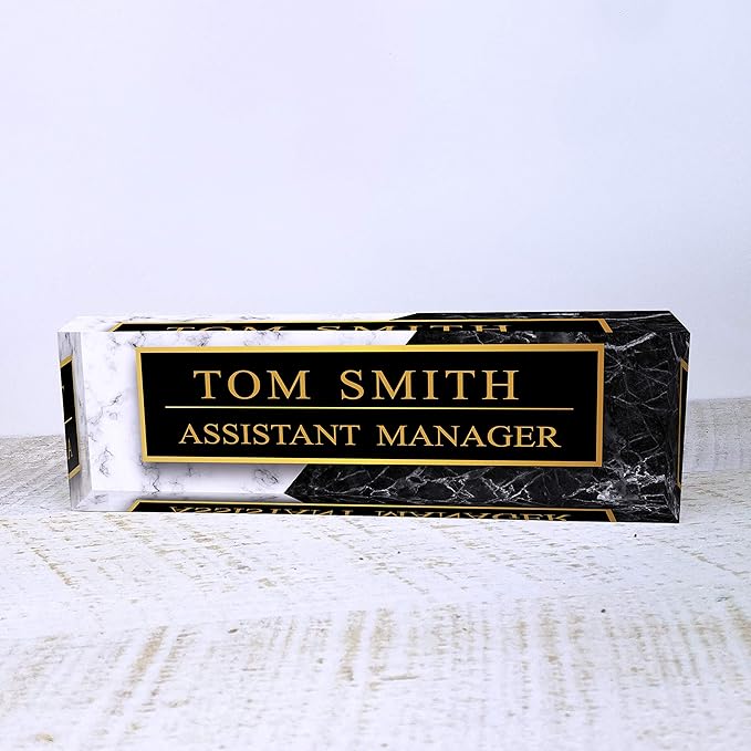 Artblox Office Desk Name Plate Personalized | Black & White Marble Design - Image 2