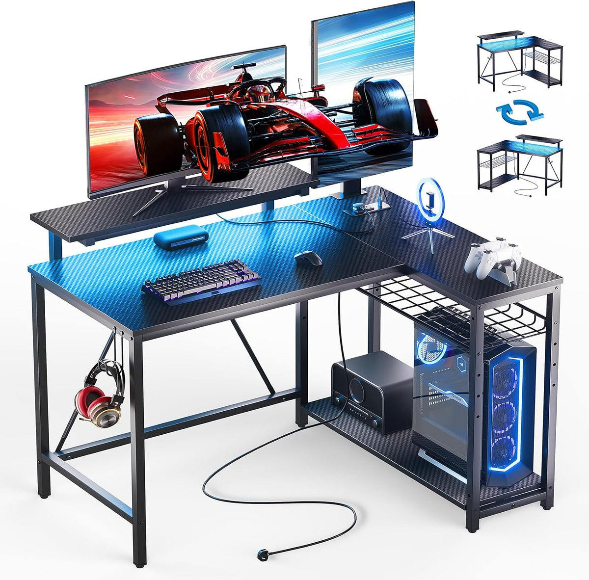 Bestier 42-Inch L-Shaped Computer Desk with Charging & LED, Black
