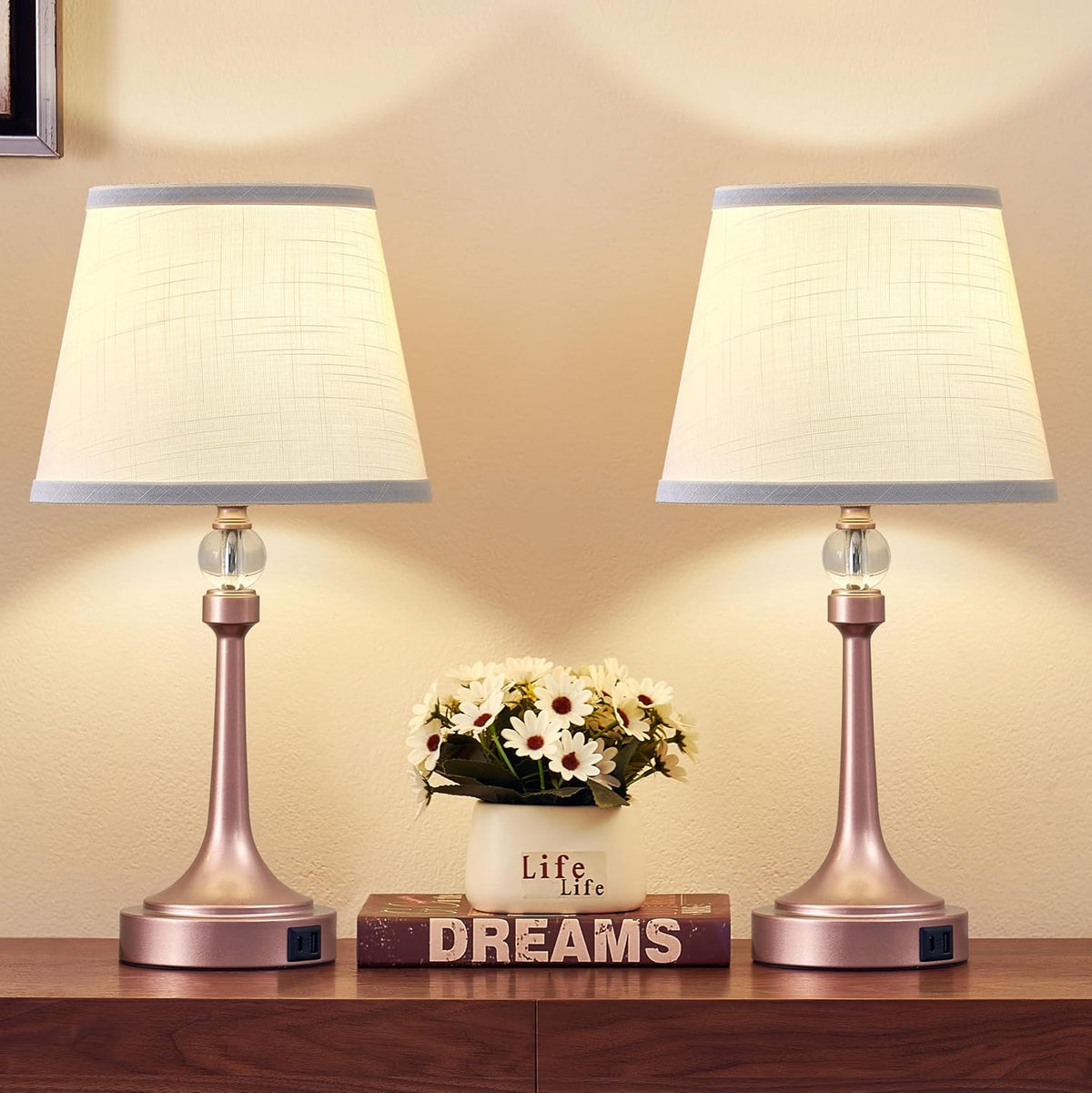 Touch Table Lamp Set of 2 with USB C+A Ports-19.7'' Rose Gold