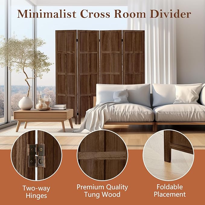 Leesinwing Wood Room Divider 4 Panel Folding Privacy Screen, Classic 5.6Ft - Image 4
