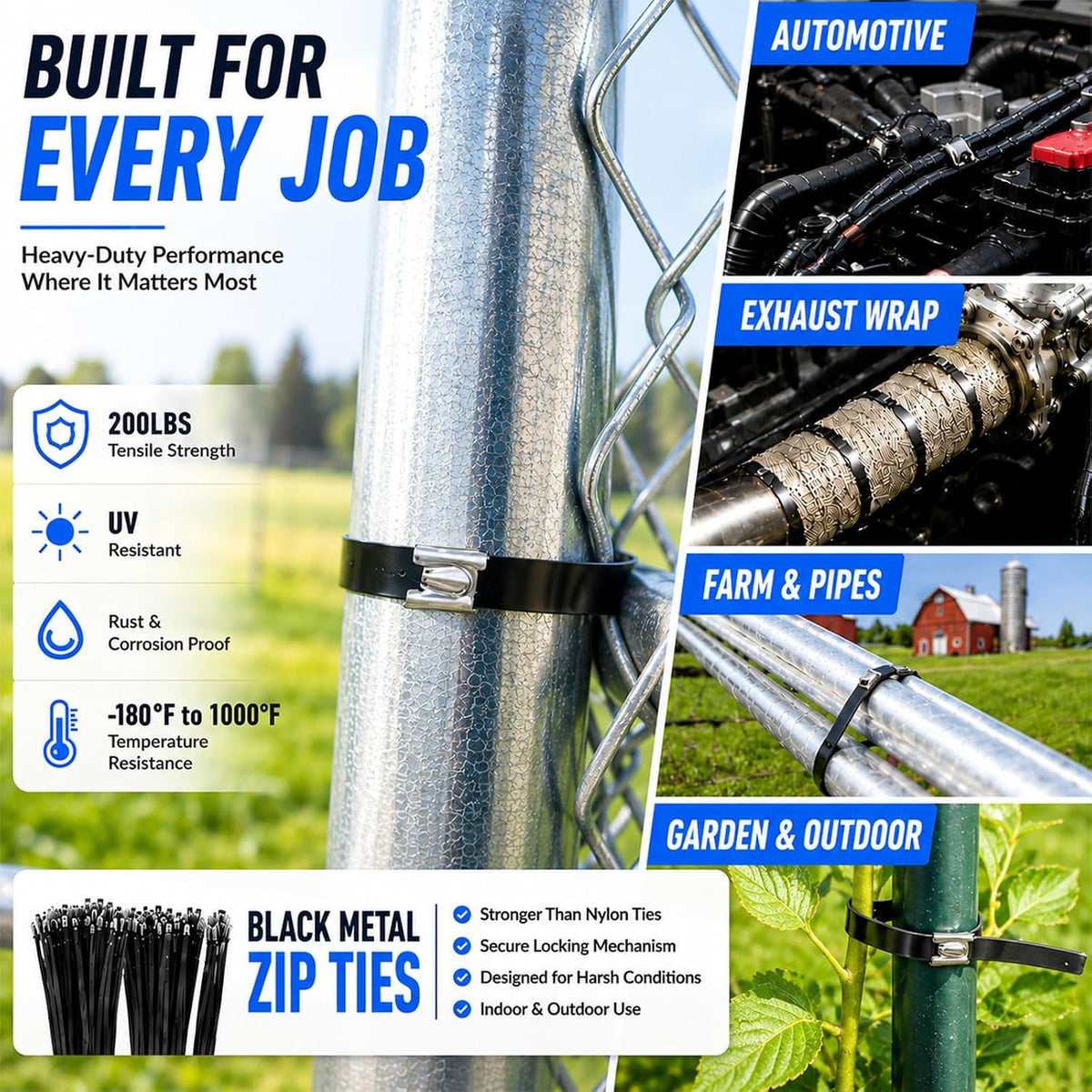 100PCS 12" Stainless Steel Cable Tie Gun Kit, Black Metal Zip Ties