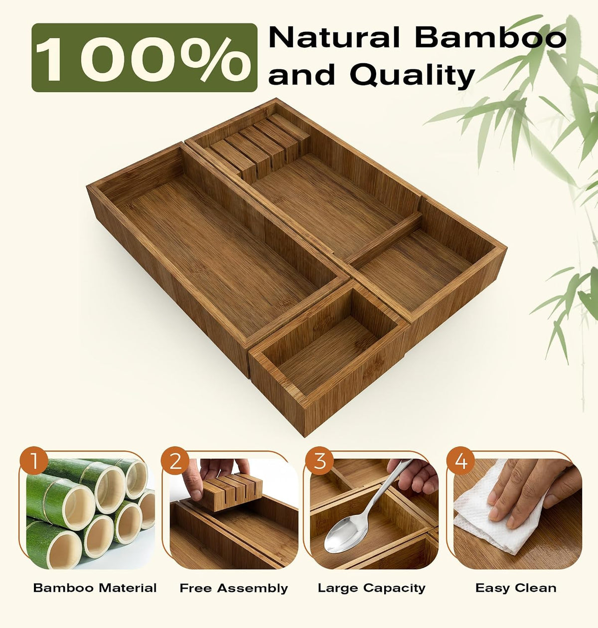 KOCWELL Bamboo Drawer Organizer with Knife Block, 3 Removable Silverware Draw...