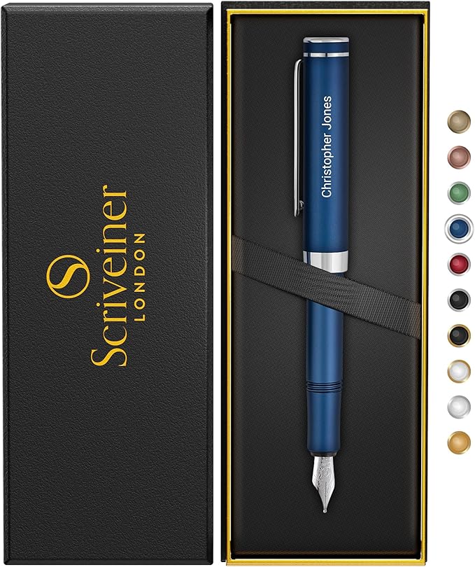 Scriveiner Personalized Luxury EDC Fountain Pen, Stunning Matt Blue Pocket Pen by Scriveiner