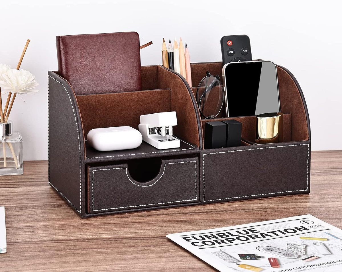 kingfom pu leather desk organizer pen pencil holder shown in use