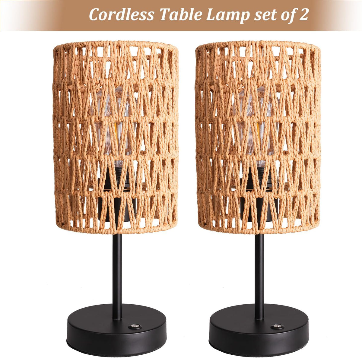 Rechargeable Outdoor Table Lamps, Rattan Boho Cordless Battery Operated Table...